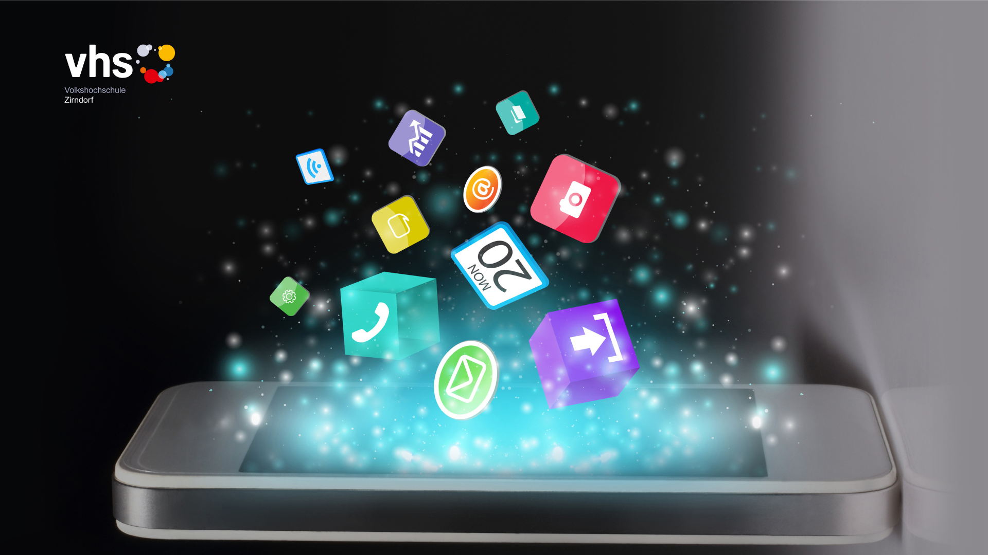 Handy mit Symbolen wie Kalender, Telefon, eMail, Whatsapp und mehr